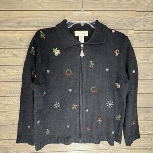 Studio Works Christmas Sweater Womens Small Embroidered Embellished Ugly Zipper